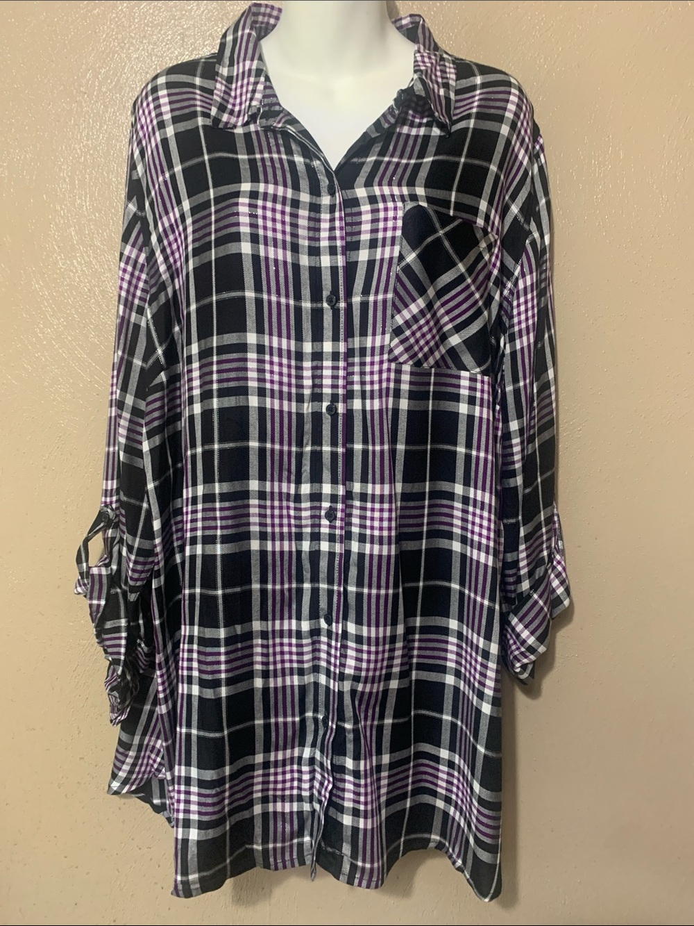 Cato 18/20W Black, White & Purple Plaid Button-Down Metallic Stripes Top NWT